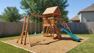 A complete wooden backyard Playground with swings, slide, and climbing frame in a sunny yard with natural wood finish and colorful accents
