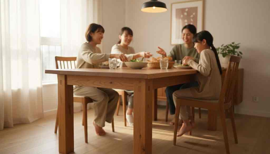 Family enjoying a meal at the handmade table in a warm, modern dining room; table is in sharp focus, people slightly out of focus.