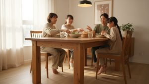 Family enjoying a meal at the handmade table in a warm, modern dining room; table is in sharp focus, people slightly out of focus.