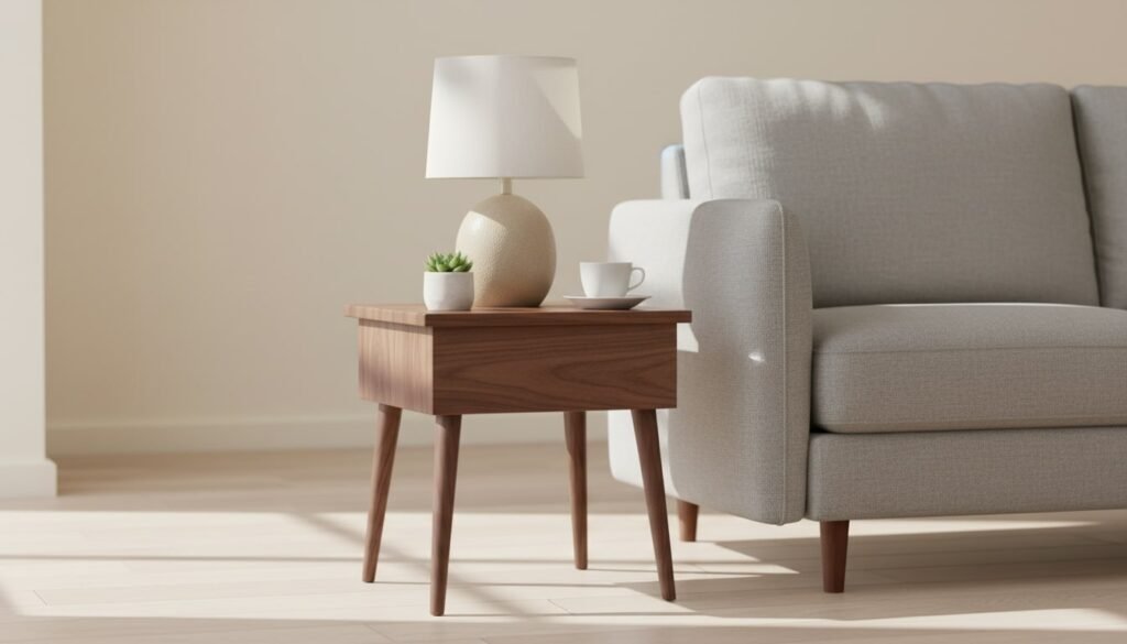 Styled Hero Shot: A single finished table in a cozy setting, demonstrating how the custom piece fits perfectly with a sofa.