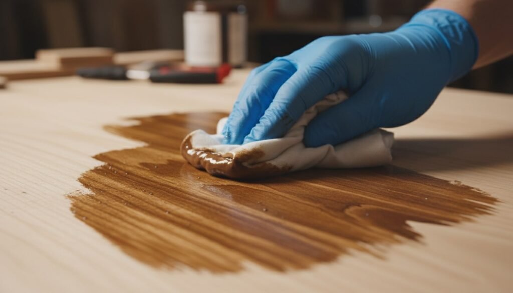 The Finishing Touch: A detailed look at the staining process, highlighting the transformation of the wood grain.