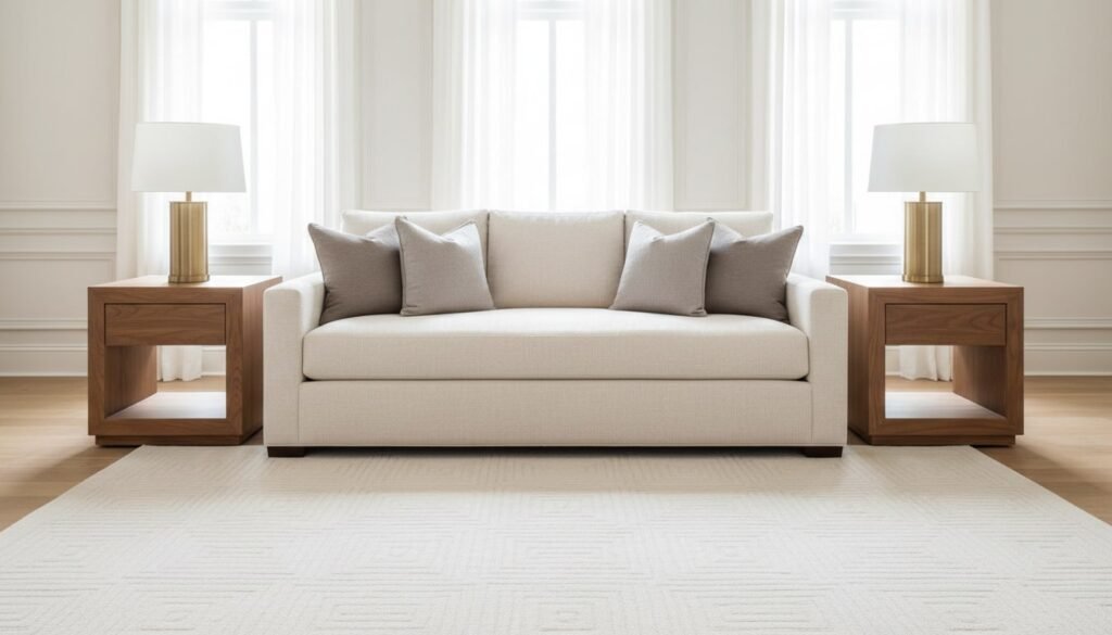 The Complete Room: A wide shot showing a pair of matching tables flanking a sofa to illustrate a high-end, finished look.