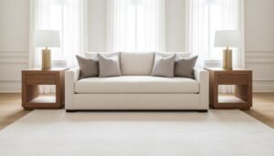 The Complete Room: A wide shot showing a pair of matching tables flanking a sofa to illustrate a high-end, finished look.