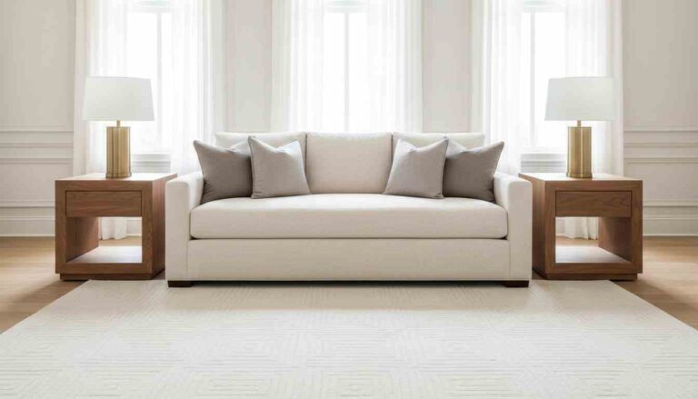 The Complete Room: A wide shot showing a pair of matching tables flanking a sofa to illustrate a high-end, finished look.