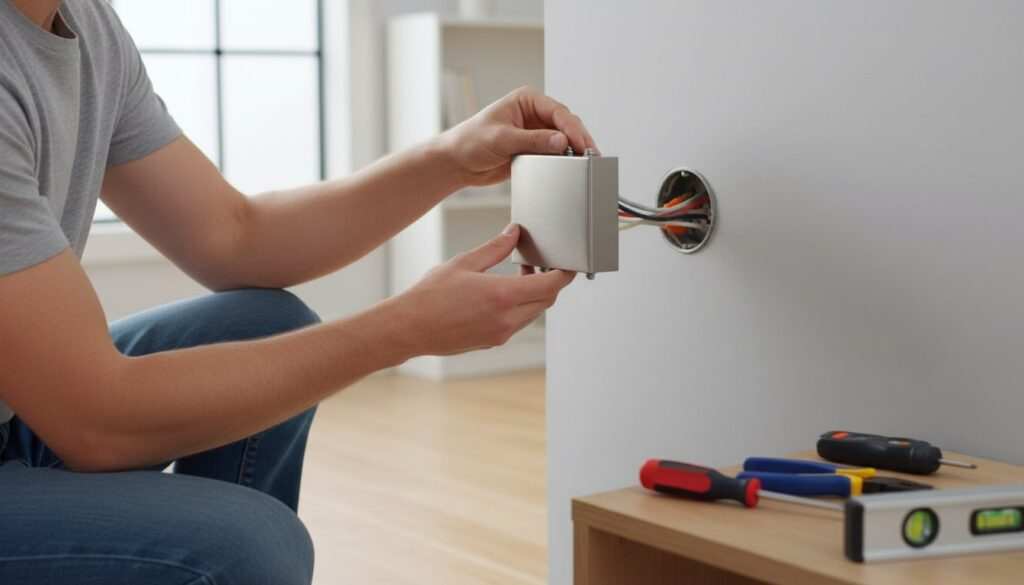 Homeowner installing a modern wall sconce on an interior wall with a step ladder and tools nearby.