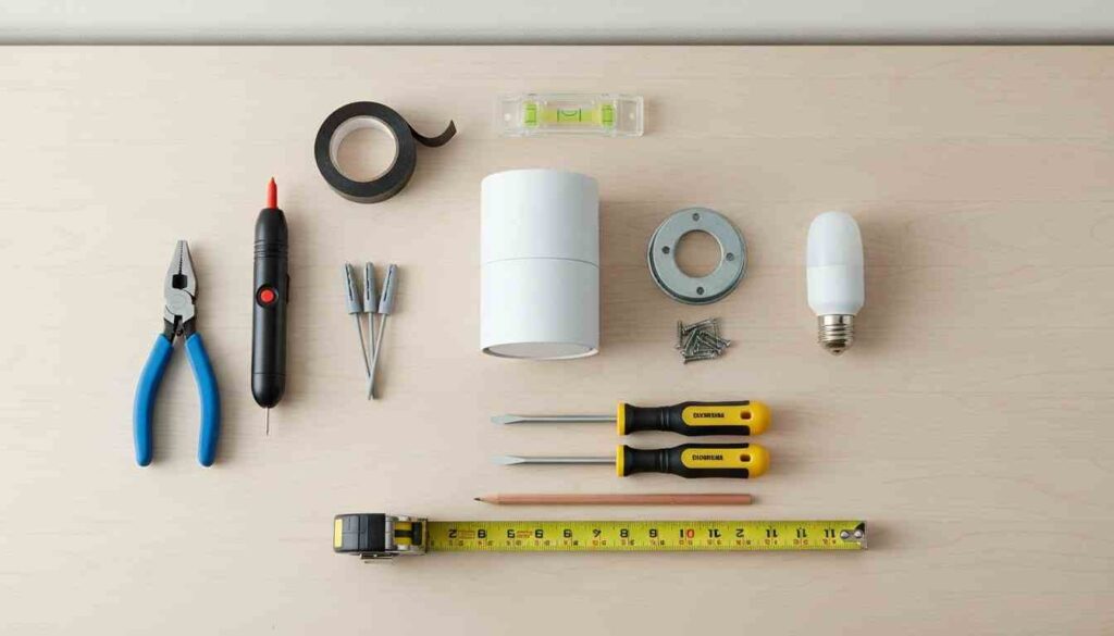 Wall sconce installation tools and materials arranged on a workbench, including a fixture, bulb, screwdrivers, wire strippers, wire nuts, voltage tester, tape, level, pencil, and tape measure.