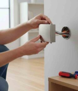 Homeowner installing a modern wall sconce on an interior wall with a step ladder and tools nearby.