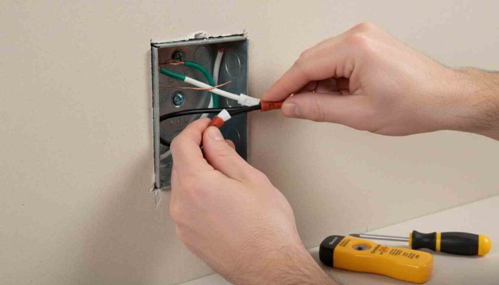 Close-up of hands connecting black, white, and ground wires inside an electrical box using wire nuts during a wall sconce installation.
