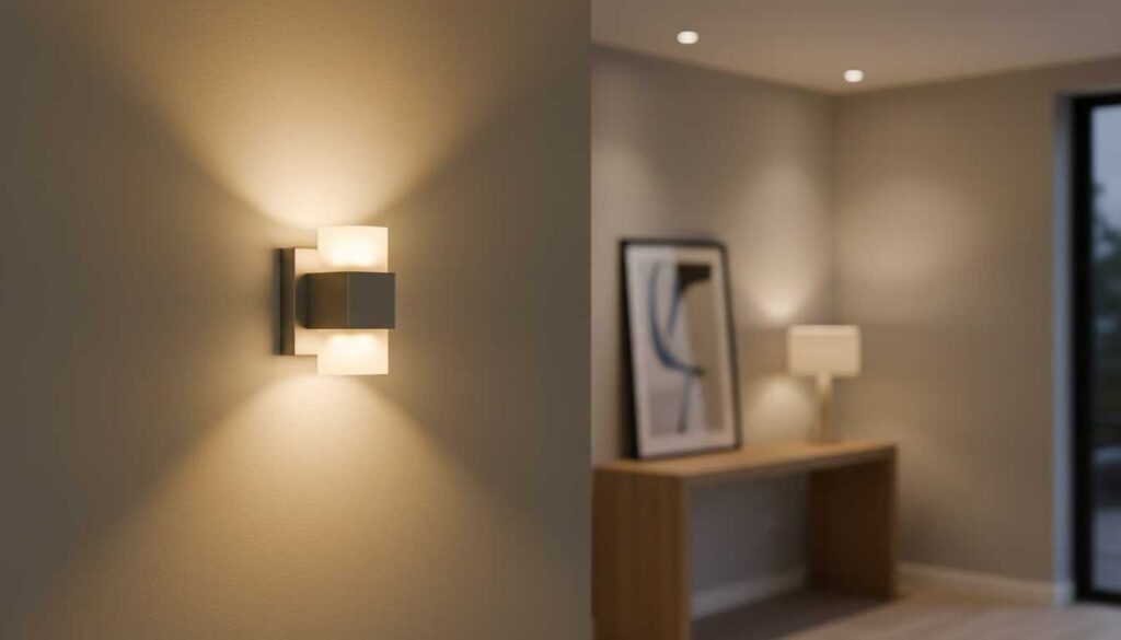Finished wall sconce turned on in a hallway, casting warm up-and-down ambient light on a neutral wall.
