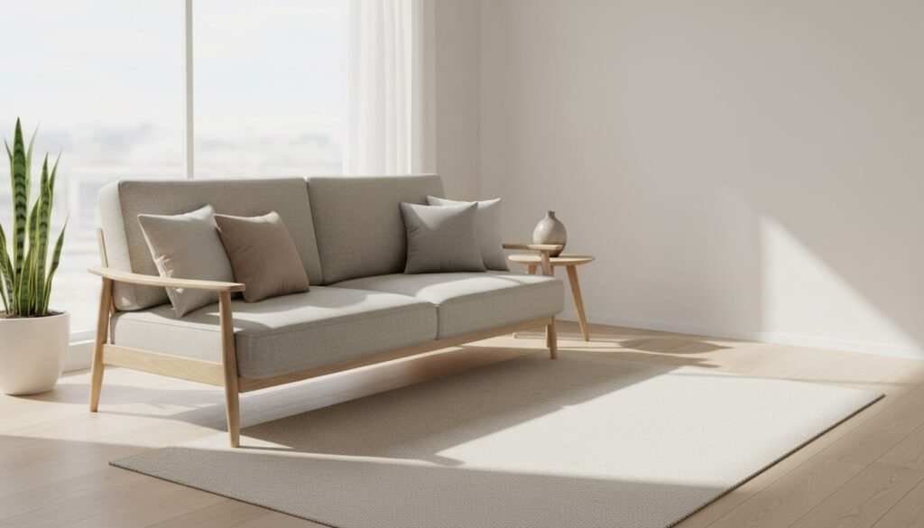 Bright living room hero shot of a finished DIY sofa bed in sofa mode (clean, airy, negative space for headline).