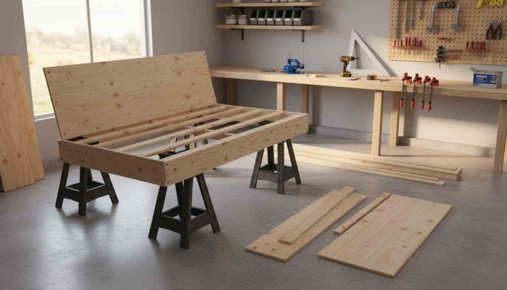 Clean workshop scene with partially assembled frame and neatly staged tools and materials.