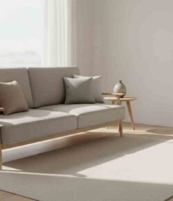 Bright living room hero shot of a finished DIY sofa bed in sofa mode (clean, airy, negative space for headline).