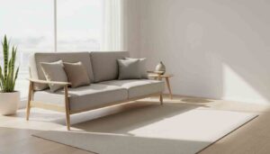 Bright living room hero shot of a finished DIY sofa bed in sofa mode (clean, airy, negative space for headline).