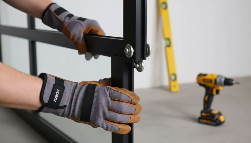 A close-up of a professional installer aligning a glass panel into the tracks.