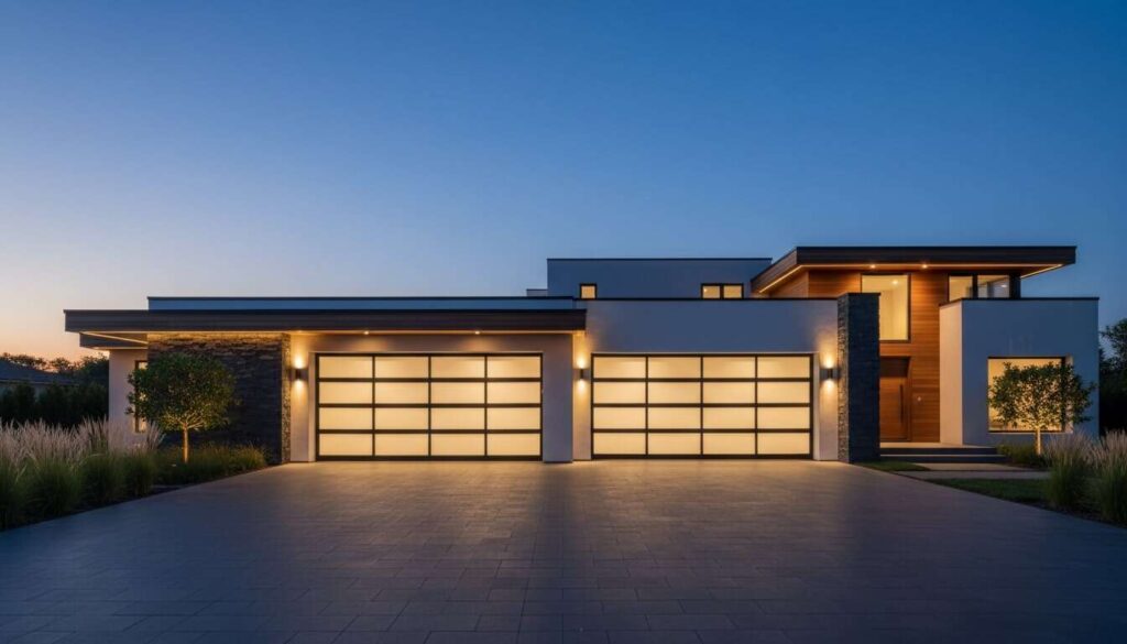 A luxury home at dusk with glowing frosted glass garage doors.