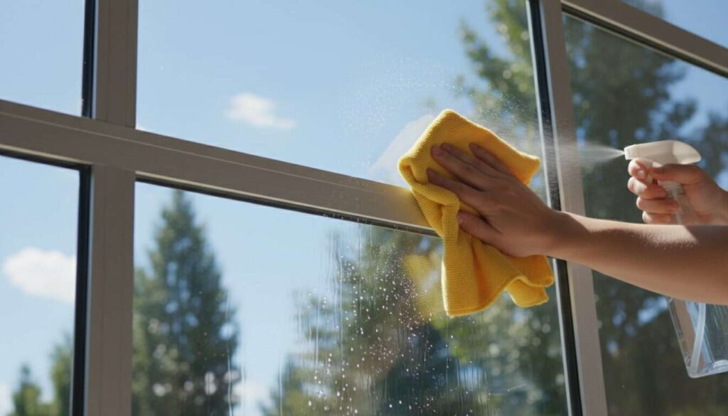 A detailed shot of someone cleaning the glass panels with a microfiber cloth.