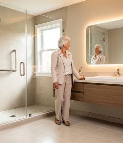 A bathroom with safety garb rails installed