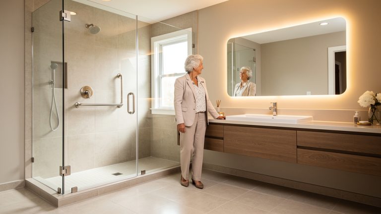 A bathroom with safety garb rails installed