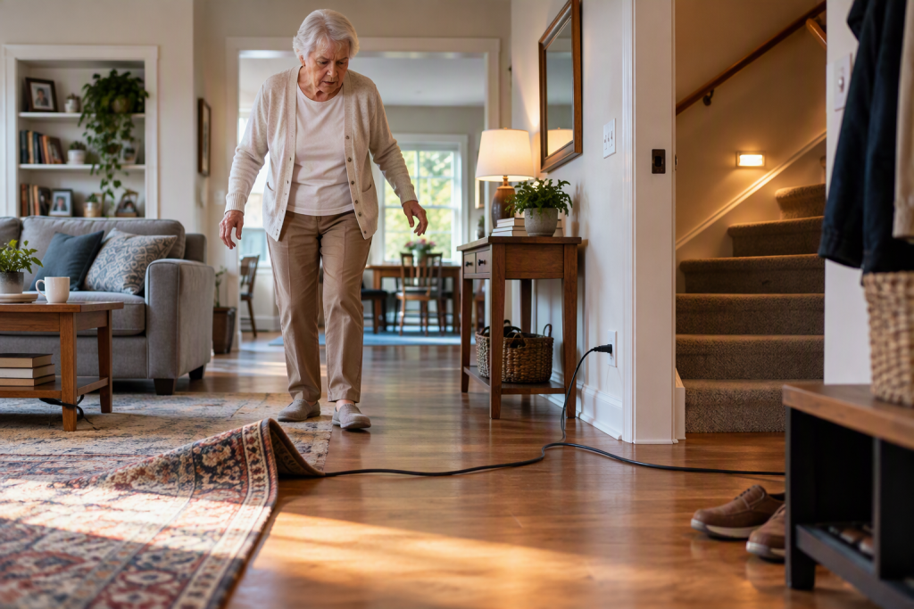 an electical extension cord running across a walkway creating a trip hazard.