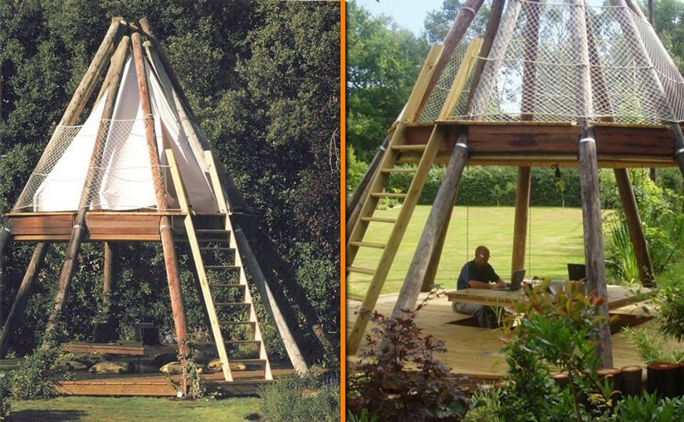 Here's a very interesting home office. During the warmer months, British design gurus Wayne and Geraldine Hemingway, of Red or Dead fame, work from a teepee shaped outdoor office made from reclaimed British Telecom telegraph poles.