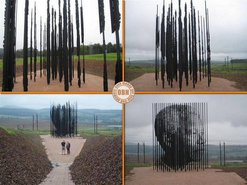 This sculpture by artist Marco Cianfanelli consists of 50 laser cut steel plates set into the landscape, representing the 50 year anniversary of Nelson Mandela’s arrest. The image can be seen by standing at a certain point where columns come into focus.