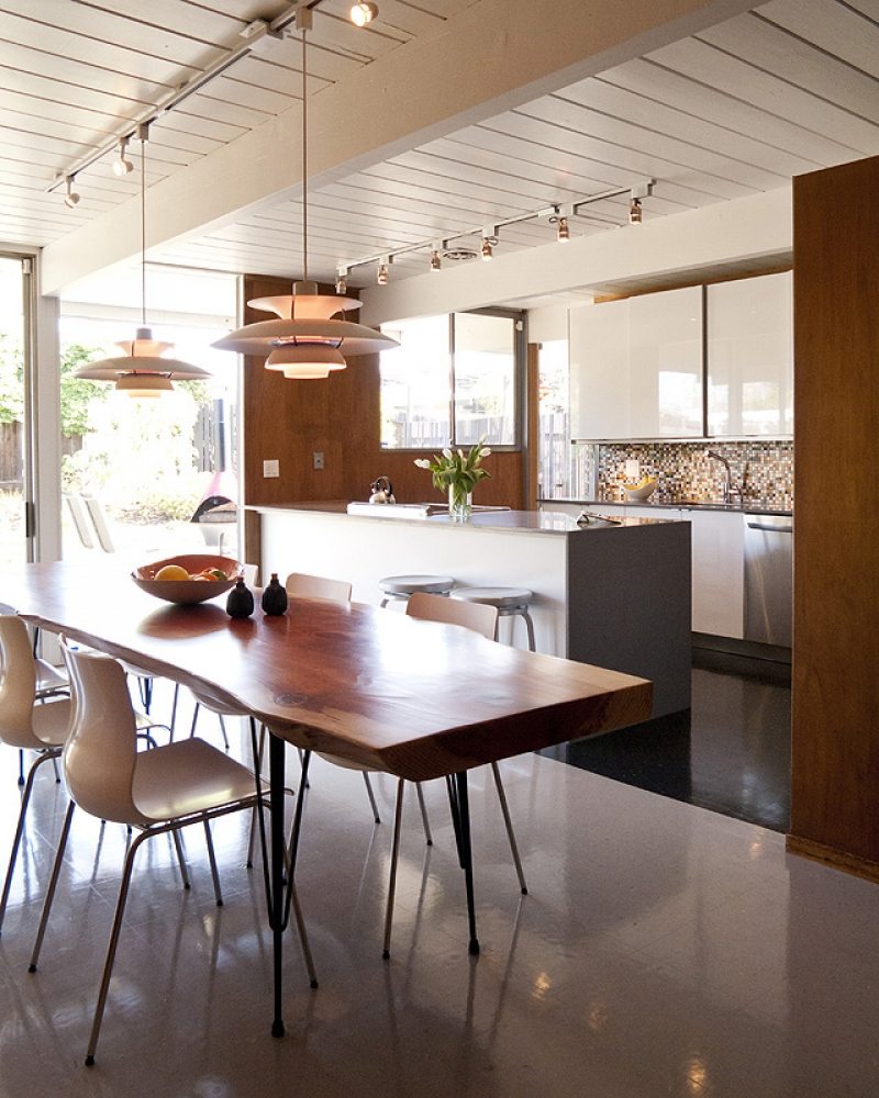 Eichler kitchen refurbished - the table was made by the home's owner from a redwood slab