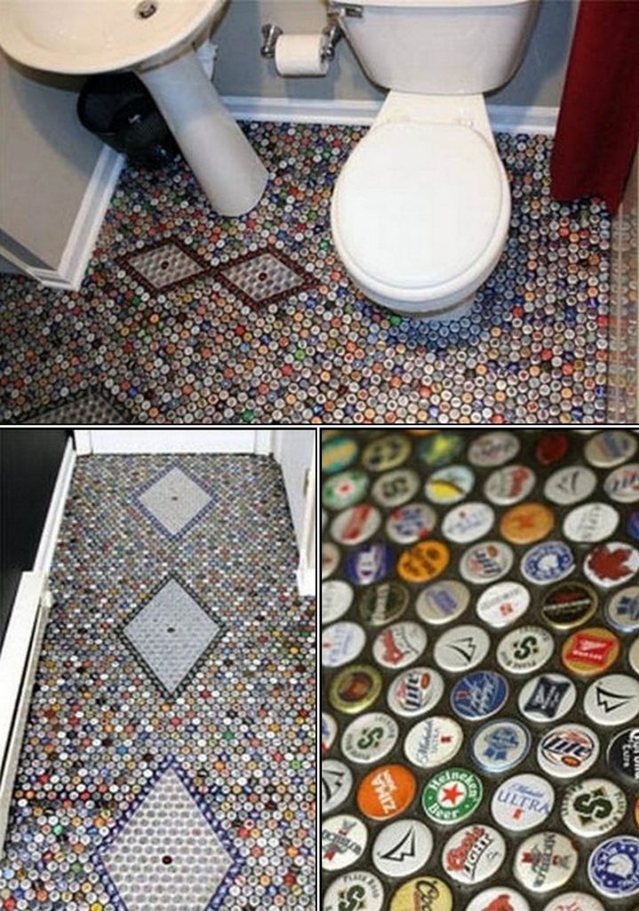 Hhhmmmm. A mosaic bathroom floor made with metal bottle tops. Do you think it would be slippery when wet?