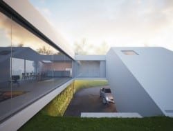 Looking downwards towards the entrance and parking area