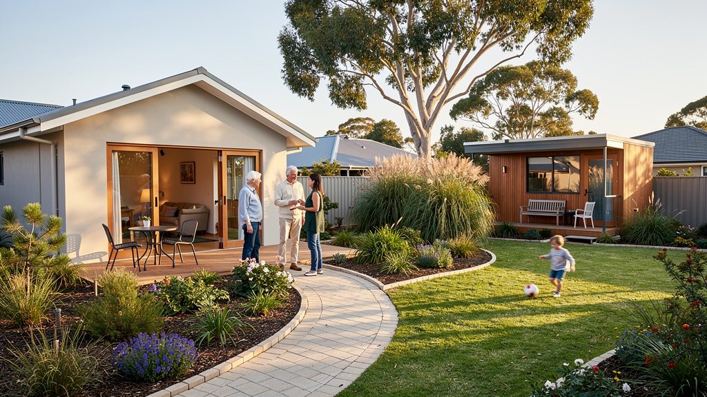 A main house and small backyard dwelling connected by a garden path, with three generations enjoying the outdoor space.