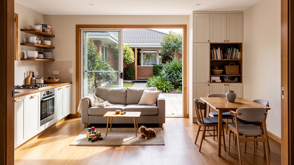A young family in a compact backyard home with the main house visible across the courtyard.