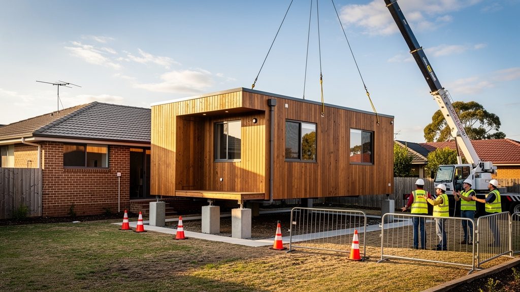 A crane positions a prefabricated home onto prepared foundations behind an existing house.