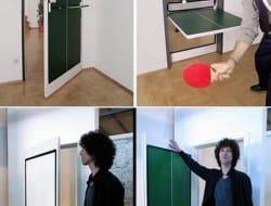 Don't have a games room, but long for a ping pong table?  The simple solution is to put one in your door! The Ping Pong Door functions just like any ordinary door except there’s an inner panel that flips down to make a ping pong table.  There are two little glitches that have to be overcome - enough room on both sides of the door to play properly and finding a colour scheme that works with
