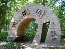 The Twisted House was created by John McNaughton of Evansville. It is made of cedar and is designed to invite ArtsPark visitors to stretch their imagination – and interact – visitors can walk and climb inside of it.  What are your thoughts? Do you like, love or hate this concept?