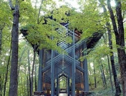 This is Thorncrown Chapel in Eureka Springs, Arkansas. The chapel was designed by Fay Jones and constructed in 1980 and is made mostly of wood and materials indigenous to northwest Arkensas.