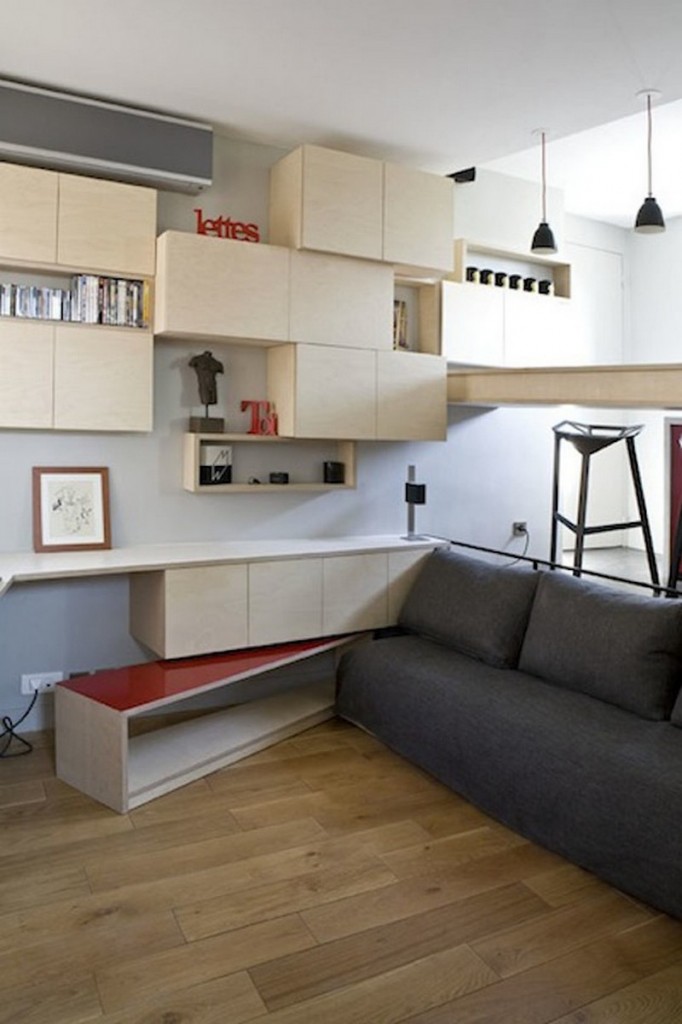 130 Square Foot Micro Apartment in Paris - Coffee Table Set Aside