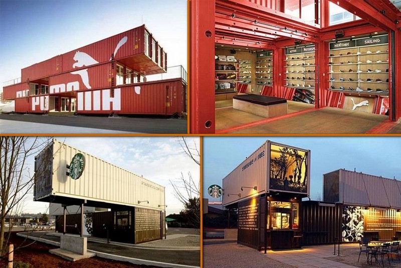 Recycled shipping containers aren't just used to build economical housing. Some of the big brands, like Puma and Starbucks, have used them to build eco-friendly stores.