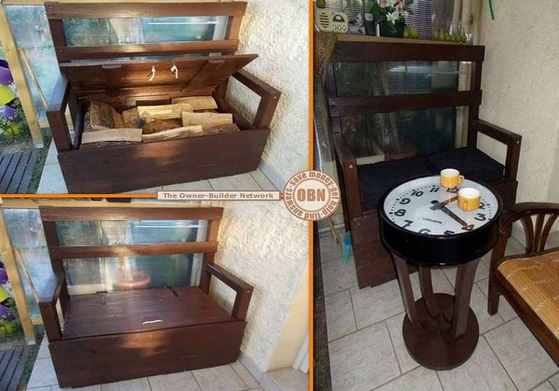 Here’s a DIY project from our fan Gerard Beaufils. The bench is made from recycled pallets and used to store firewood. The coffee table used to be an old stool and wall clock.