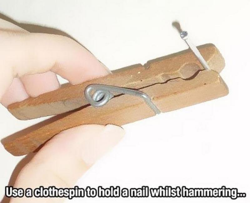 Use a clothespin to hold a nail whilst hammering.