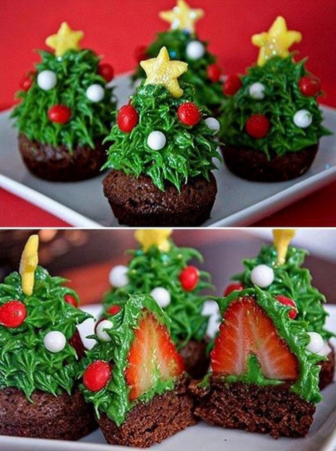 Strawberry Filled Christmas Tree Chocolate Cupcakes
