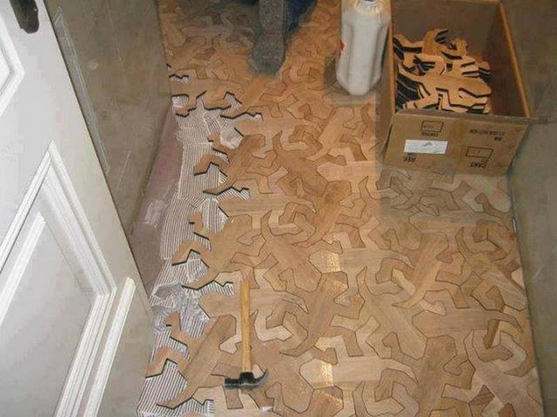 Hardwood Escher tesselated interlocking lizard tiles