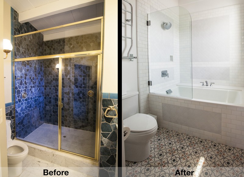 The master bath was converted into a full bath with a tub, and brightened with the new tile.