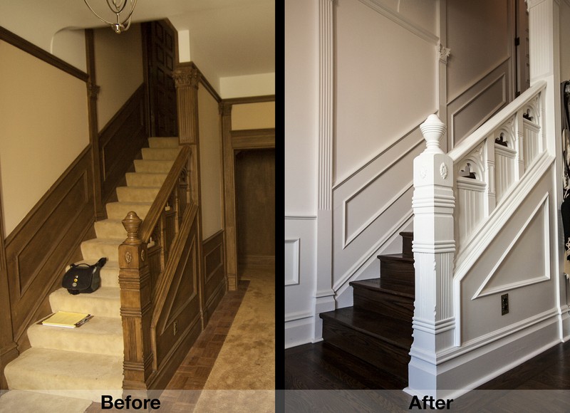Changing the floors and painting the dark wood on the walls and banister creates a much brighter foyer.