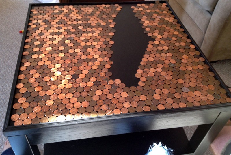 DIY Penny Top Coffee Table - Pennies on Table