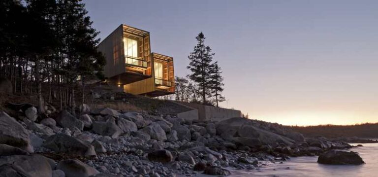 At night, the two hulls seem like lanterns glowing on the beach.
