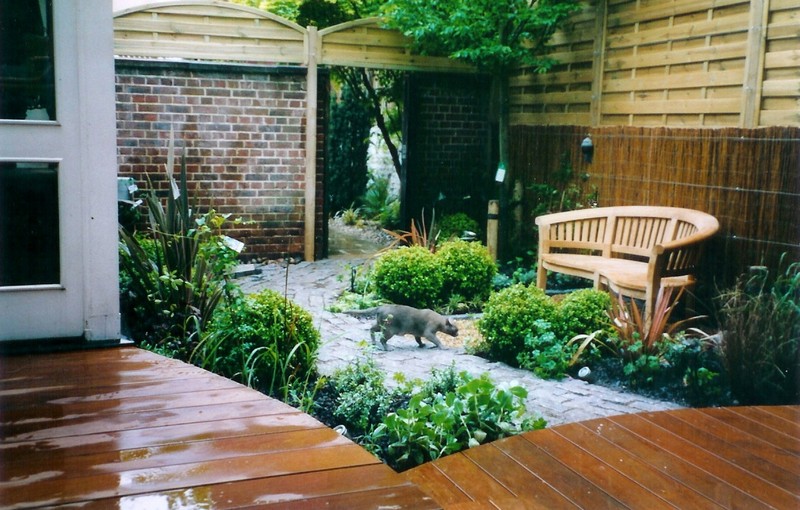 A courtyard with path and deck.
