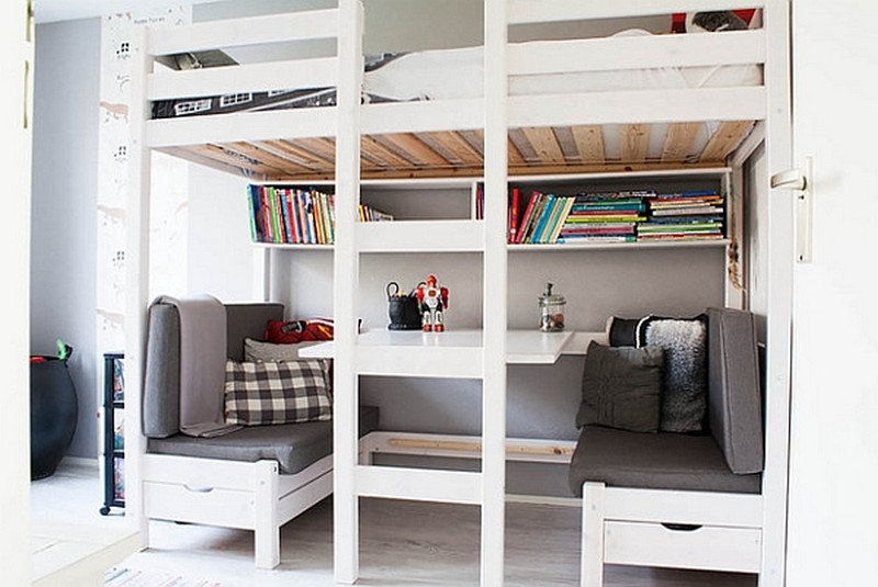 full size loft bed with desk and couch