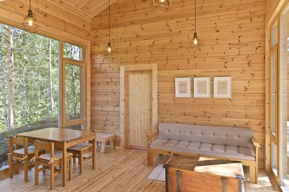 Inside, the structure and walls are made of pine logs.