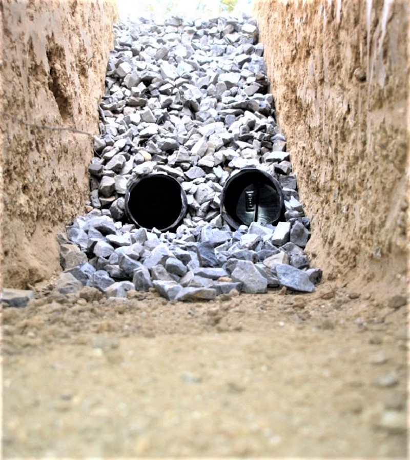 A dry well is filled with gravel, with an inlet line coming from a drain, downpipe, or French drain leading into the pit.