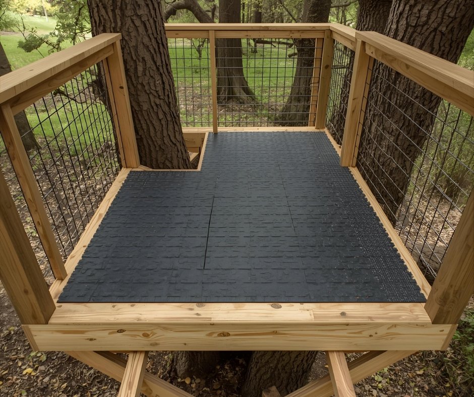 reehouse platform floor showing 2x6 pressure-treated decking boards installed with 1/4 inch spacing gaps, topped with interlocking rubber safety mats
