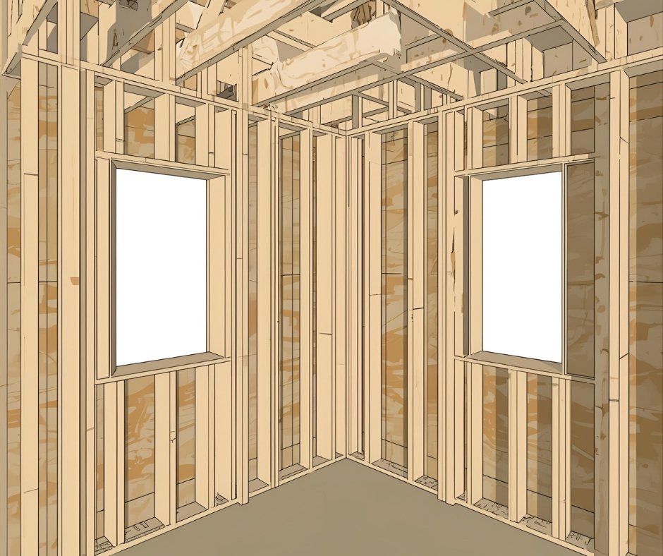 Treehouse wall framing in progress showing 2x4 stud walls with window and door openings, partially covered with plywood sheathing